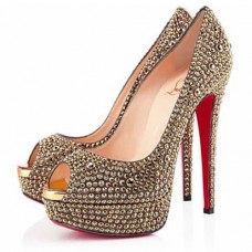 Christian Louboutin Lady Peep Strass 140mm Peep Toe Pumps Goud