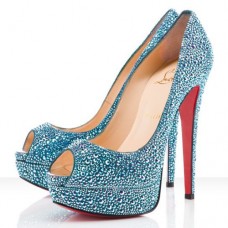 Christian Louboutin Lady Peep Strass 140mm Peep Toe Pumps Blauw