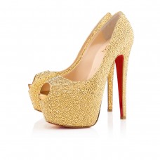 Christian Louboutin Highness Strass 160mm Peep Toe Pumps Geel